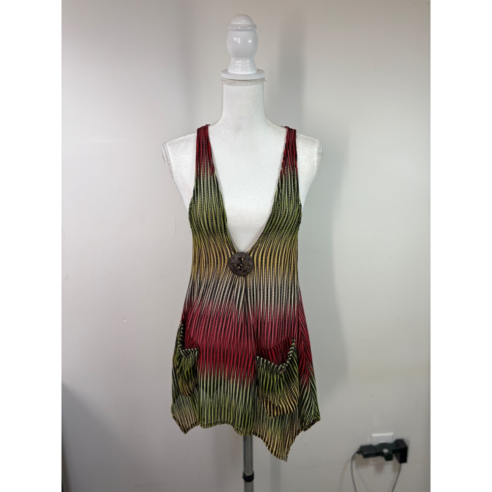 Womens Boho Rasta Ombre Knit Tunic Vest Deep V-Neck Handkerchief Hem Red Yellow